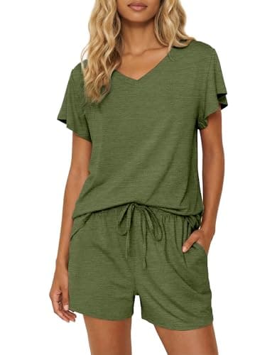 Ekouaer Pajamas Set Women Casual Ruffle Sleeves Soft Comfy Loungewear Set with Pockets,Medium,Dark Olive Green