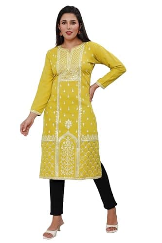 Maple Clothing Indian Kurti for Women Printed India Tunic Tops Kurta Party Wear (Yellow, 3XL)