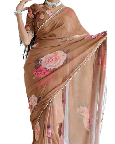 BE4ME.COM Alia Bhatt Wear Chiffon Sari Patywear (Brown Floral) in Inspired by 'Rocky & Rani Kitty Ki Hatori' Movie