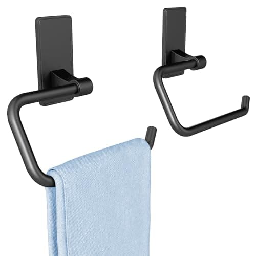 2-Piece Towel Ring, Adhesive Hand Towel Holder for Bathroom, Modern Style Towel Hangers Wall-Mounted Hand Towel Rack for Bathroom, Matte Black