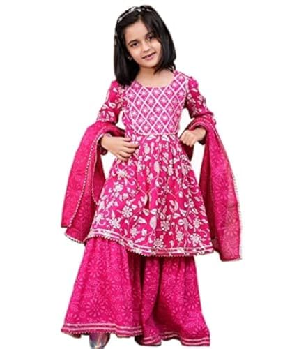 Aashita Creations Girls Festive & Party Wear Kurta Sharara Set with Dupatta (Pink, 11 to12 Years)