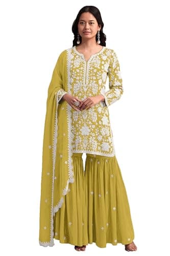 STELLACOUTURE indian pakistani salwar kameez ready to wear wedding embroidered eid festival plus size suit for women 2874-O (Yellow, 36)