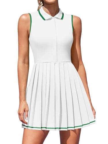 ATTRACO Pleated Tennis Dress with Shorts and Bra Zipper Golf Outfits for Women Workout Dress White S