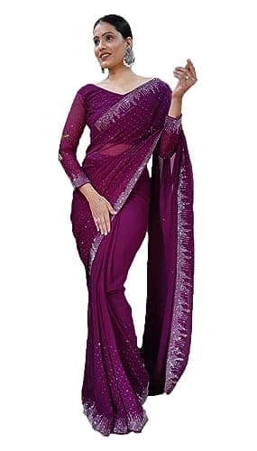 STELLACOUTURE Indian Georgette saree with diamond work for Women Sari with UNSTITCHED blouse ST-014 (Purple)