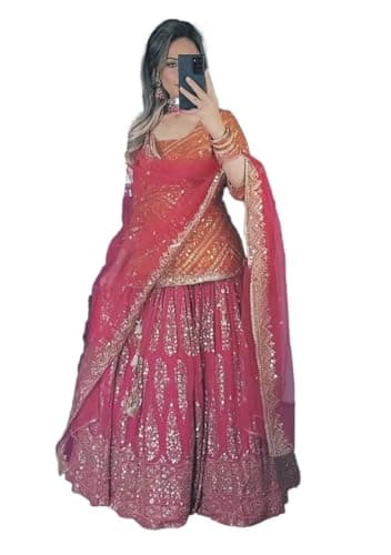 Indya Orange Embroidery Georgette Lehenga Set With Dupatta for Party & Cocktail | 3/4 Sleeve | Indian Ethnic Wear