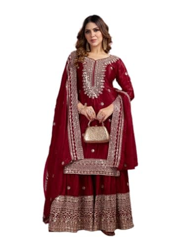 Indya Maroon Embroidered Chinon Sharara Set | Perfect for Wedding | ThreeQuarter Sleeve | Salwar Kameez | Kurta Set