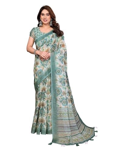 EVERYDAY CREATIONS Women’s Floral Printed Linen Saree | Lightweight Breathable Fabric | Designer Border Ethnic Saree for Casual & Festive Wear (Green)