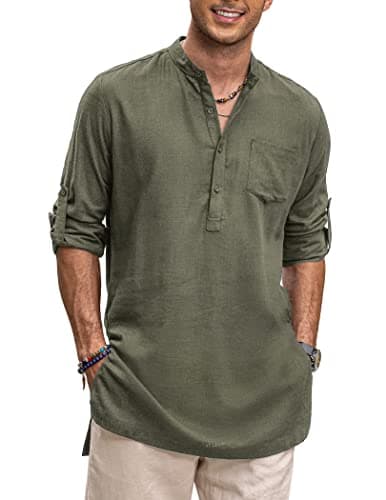 COOFANDY Men's Long Sleeve Henley Shirts with Pocket - Banded Collar Linen Beach & Indian Kurta Shirts - Army Green