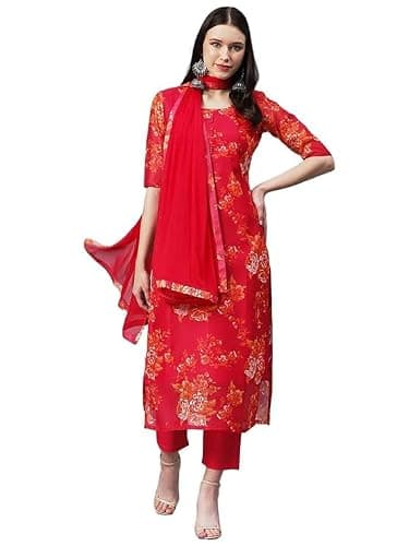 Aashita Creations Women's Chanderi Cotton Printed Straight Kurta with Pant and Dupatta, Red (US, Alpha, Medium, Regular, Regular, Red and Orange)