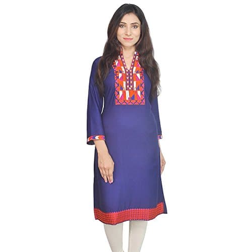 Chichi Indian Women's Embroidered Rayon Kurti Royal Blue For Casual/Daily/Party Wear