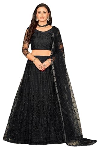 RoohVastra Ready to Wear Indian Lehenga Choli with Stitched Blouse For Women, wedding, navratri, Bridesmaid, Party 0305 (Black, 42)