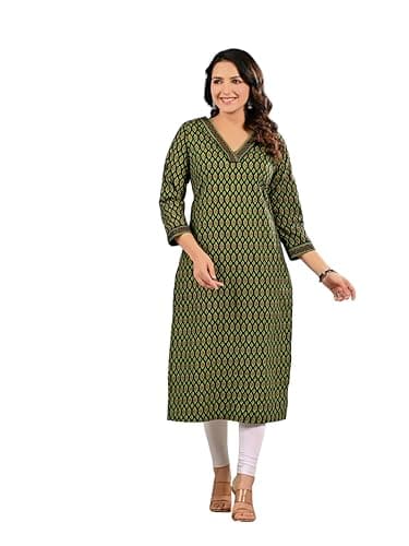 Meyali Womens Cotton Kurti – Printed Straight Fit Casual Wear | Daily Wear Indian Style Kurtis for Office, College & Outings Olive Green