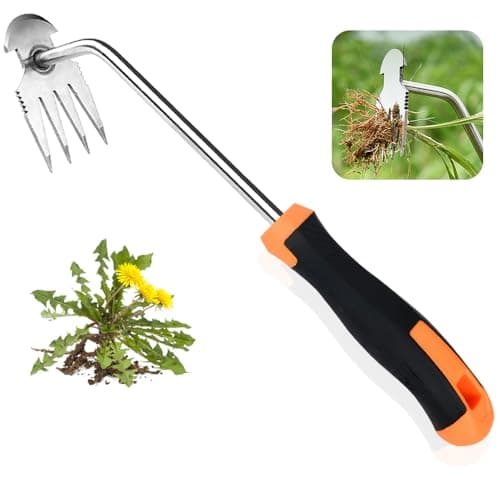 DWULCX Weed Puller Tool,2025 New Garden Weeder Tool Stainless Steel Hand Weeder Tool,4 Teethes Dual Purpose Weed Remover Tool Weeding Tools for Gardening (Rubber Handle)