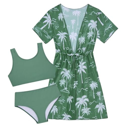 Enlifety Bathing Suit for Kids Size 11 12 Girls 3 Piece Green Hawaiian Palm Tree Bikini Swimsuit with Cover Up