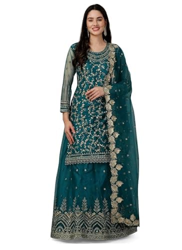 TRENDMALLS Women's Net Embroidery Salwar Suit Set Kurta Lehenga with Dupatta (G112-Morpeach-M)