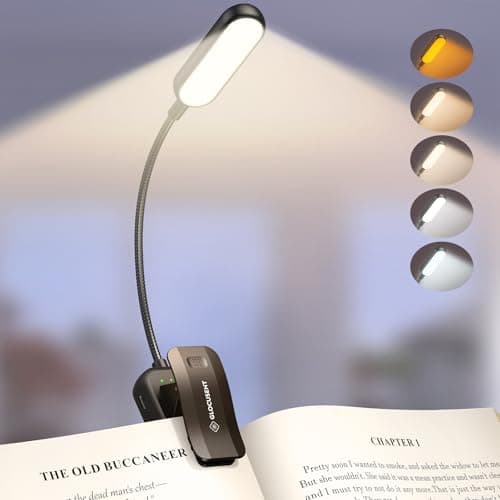 Glocusent 20 LED Reading Lights for Books in Bed, Eye Caring Reading Light, 5 Colors & 5 Brightness 3–100LM Dimmable, 1200mAh Rechargeable Book Light to 90H, Lightweight Clip on Light for Book Lovers