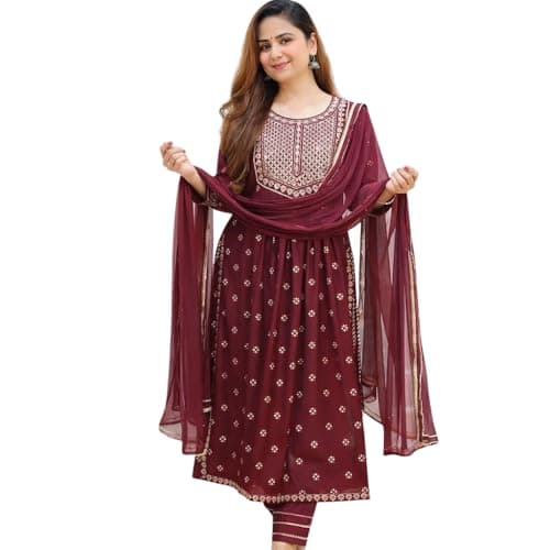 RangMahal Store Women’s Rayon Naira Cut Kurta Set with Dupatta – Embroidered Printed Indian Ethnic Suit, Round Neck, 3/4 Sleeves, Office, Festive & Casual Wear-X-Large
