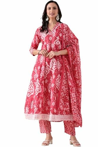 Women's Printed Rayon Anarkali Floral Printed Straight Kurta Pant with Dupatta Set(Pink, XXL)