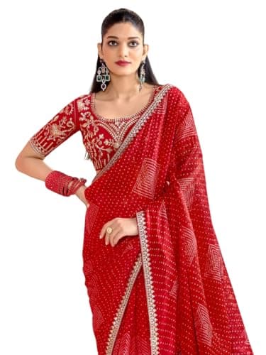 MAHEK Bandhani Saree for Women's Traditional Indian saree with Lace, Partywear Wedding Wear Chiffon Bandhani saree89 (Red)