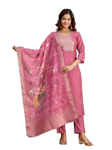 TRENDMALLS Women's Roman Silk Embroidery Kurta Pant with Dupatta Set (G373-Pink-S)