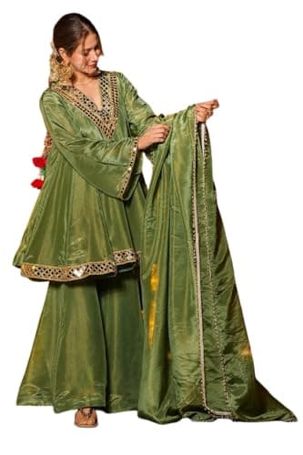 The Red Lion Enterprise Women Chinon Silk Mirror Work Kurti Sharara Dupatta Set | Cream Ethnic Party Wear 3 Piece Outfit (US, Alpha, X-Large, Regular, Regular, Mehndi Green)