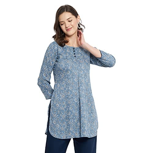 Tissu Women's Rayon Blue & White Floral Printed Kurti Tunic (Tissu2171_Blue_XS)