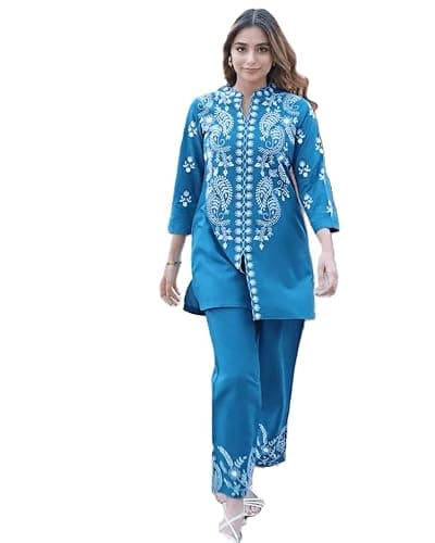 Women’s Cotton Co-Ord Set with Schiffli Embroidery Dress | Stylish Kurta & Pants Outfit for Casual & Festive Wear (US, Alpha, Small, Regular, Regular, Teal Blue)