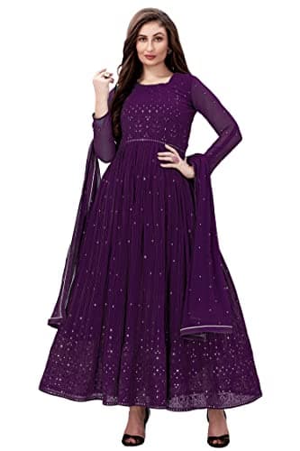 TRENDMALLS Women's Georgette Embroidery Salwar Suit Anarkali Kurta Set with Dupatta (G88-Purple-3XL)