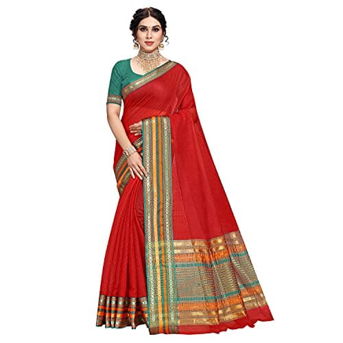 Sidhidata Women's Kota Doria Cotton Manipuri Saree With Unstitched Blouse Piece (N Red)