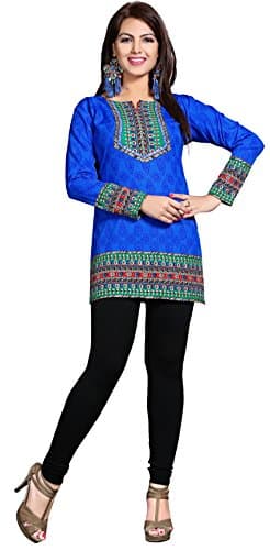 Kurti Top Tunic Women's Printed Blouse India Clothing (Blue, XL)