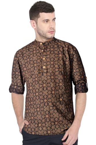 Chandrakala Slim Fit Printed Short Kurta for Men Cotton long roll-up sleeves Straight Tunic Black Brown,XX-Large (MK115BLA5)
