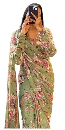Sidhidata Women's Georgette FloralPrinted Ready To Wear one Minute Saree With Unstitched Blouse Piece (RTW Nargis Mehendi_Mehendi_Free Size)