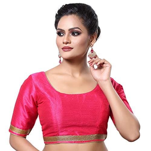 Madhu Fashion Womens Raw Silk Elbow Length Sleeves Readymade Saree Blouse (38, PINK)