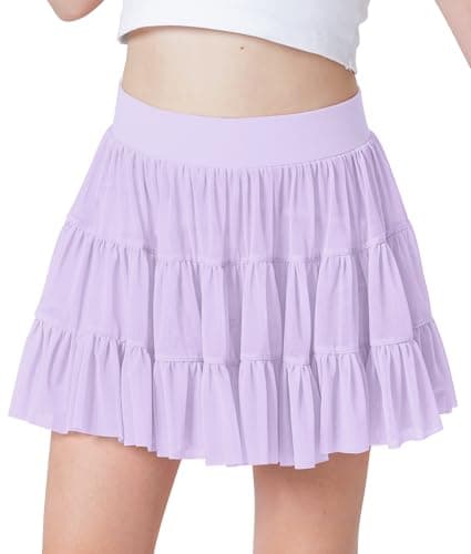IIMMER Little Girls Summer Mesh Pleated Tennis Workout Skirt Flowy High Waist Cute Gymnastics Skort Lavender 3-4 Years