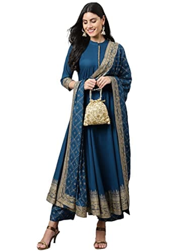 Kurta Set for women With Dupatta Indian Party Wear Kurti Palazzo Set Dress Tunic Top (Blue-1, Medium, m)