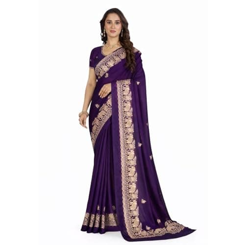 VENSHIYA Saree for Women Georgette Broad Golden Embroidery Border Saree for Wedding Style Saree with Unstitched Blouse Piece (Wine Purple)