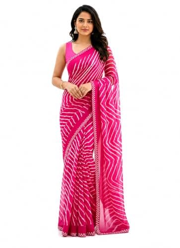 Bhuvik Creations Women's Leheriya Print Georgette Saree with Blouse Piece, Traditional Tie Dye Saree for festivals Teej & Sawan Celebrations (Pink)