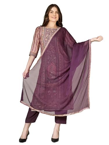 ladyline Womens Semi Formal Royal Crepe Salwar Kameez Suit Set - Ethnic Printed + Embroidered with Pants & Chiffon Dupatta – 3 Pc Kurta Set (CRPESK KNSHA) (36/ Purple)