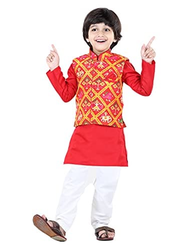 BownBee Kids Cotton Kurta Pyjama Set with Silk Waistcoat(Nehru Jacket) for Boys - Ethnic 3 Piece Traditional Wear Set - Indian Style Wedding Dress for Kids Red