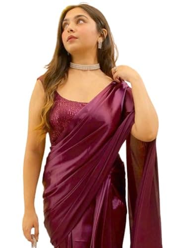 SHOPAZ Women's Ready to Wear Satin Silk 1 Minute Pre Pleated Saree Bollywood with Sequence Unstiched Blouse (Wine) Free size Wine
