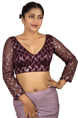 FIGURE'S DESIGNER Women's Sequin Embroidered V Neck Fancy Full Sleeves Designer Net Padded Readymade Saree Blouse Premium Lining Plus Size Top Lavender Wine Maroon Black Pink E10 (34, Maroon)