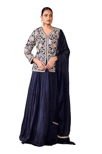 madhuram textiles Women's Embroidered Rangoli Silk Lehenga Choli Set with Dupatta, Ready to Wear Indian Ethnic Wedding Party Wear Outfit (US, Alpha, XX-Large, Regular, Regular, Dark Grey)
