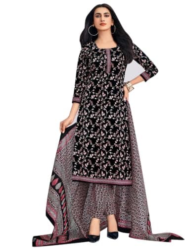 ladyline Womens 100% Cotton Jaipuri Printed Salwar Kameez Suit – Ethnic Kurta, Pants & Mal Dupatta Set | Indian Punjabi Dress (CPSK DTCG) (54/ Black)