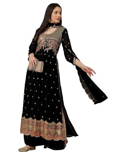 TRENDMALLS Women's Georgette Embroidery Salwar Suit Set Kurta Palazzo with Dupatta (G126-Black-M)