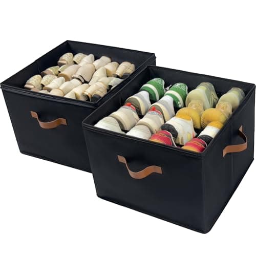 Vexalora Shoe Organizer Box 2 Pack, Shoe Storage Organizer with Clear Cover, Adjustable Dividers Fits 16-32 Pairs, Fabric Shoe Organizer for Closet, Black