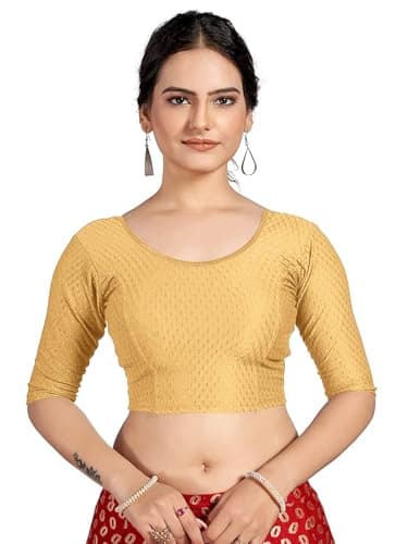 themilestocks TMS Women's Blouses Readymade Gold Stretchable Saree Crop Top Choli Free Size (Can fit bust size 28inch-38inch, Gold 1)