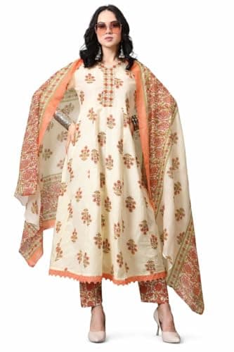 Women’s Flower Printed Kurta Pant Set with Dupatta | Cotton Blend Ethnic Indian Suit | Casual, Office & Festive Wear (Peach, Medium)