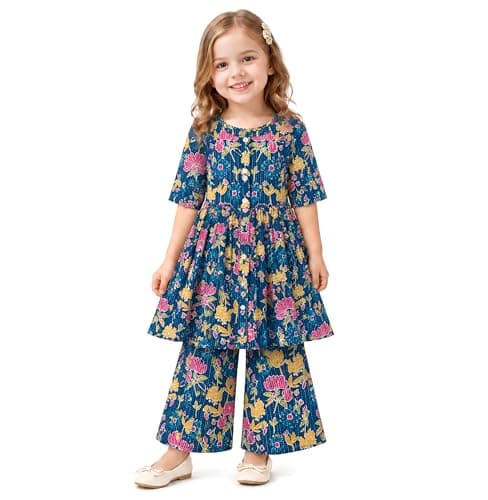Chandrakala Kids Kurti Pant Co-ord Set for Girls Ethnic Wear (KG119-P) (Blue Floral, 2-3T)