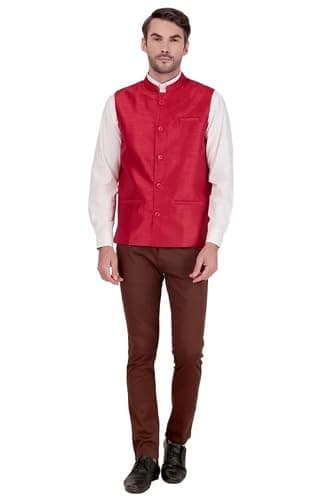 Curiozz Nehru Jacket Waistcoat Men's Poly Dupion Silk – Stylish Formal & Ethnic Wear Sleeveless Coat Color Red Color-XL
