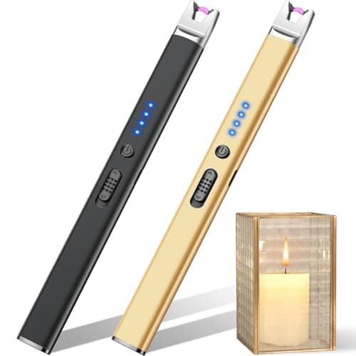 LcFun 2 Pack Candle Lighter USB Rechargeable Electric Plasma Arc Lighters with Safety Lock, Windproof Flameless Long Lighters Matches for Candle, Grill, BBQ, Camping, Gas Stoves (Black, Gold)